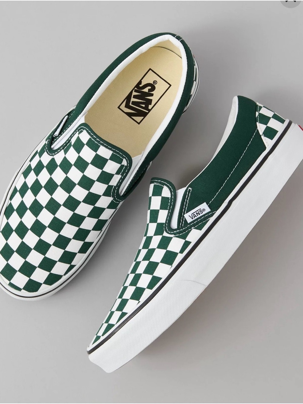 Vans Slip-On Checkerboard Sneakers in Green and White